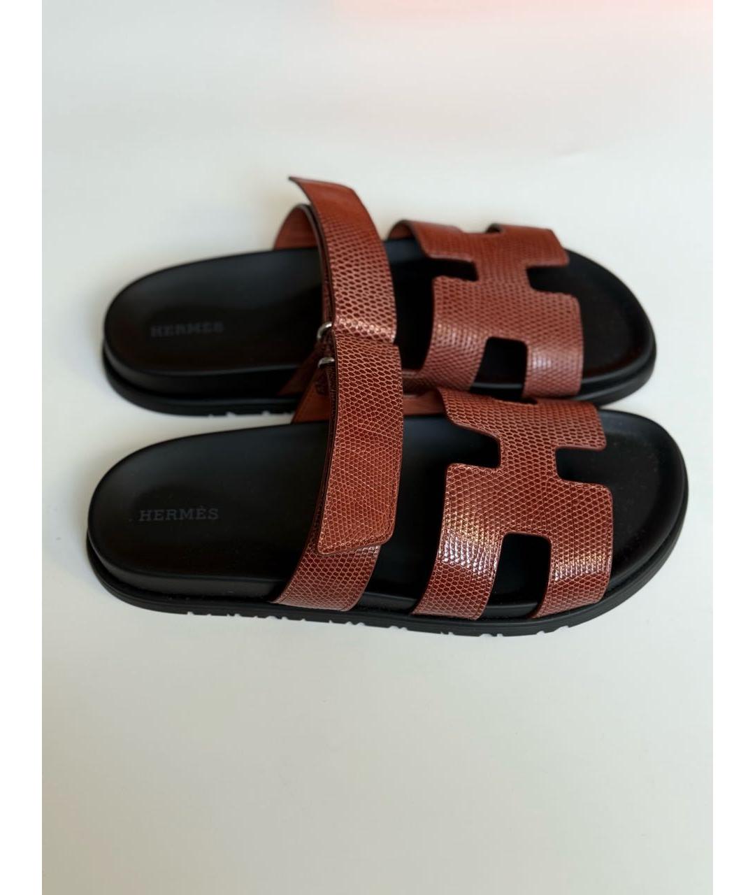 HERMES Коричневые шлепанцы из экзотической кожи, фото 6