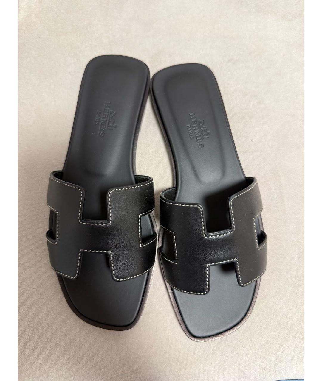 HERMES Черные кожаные шлепанцы, фото 8