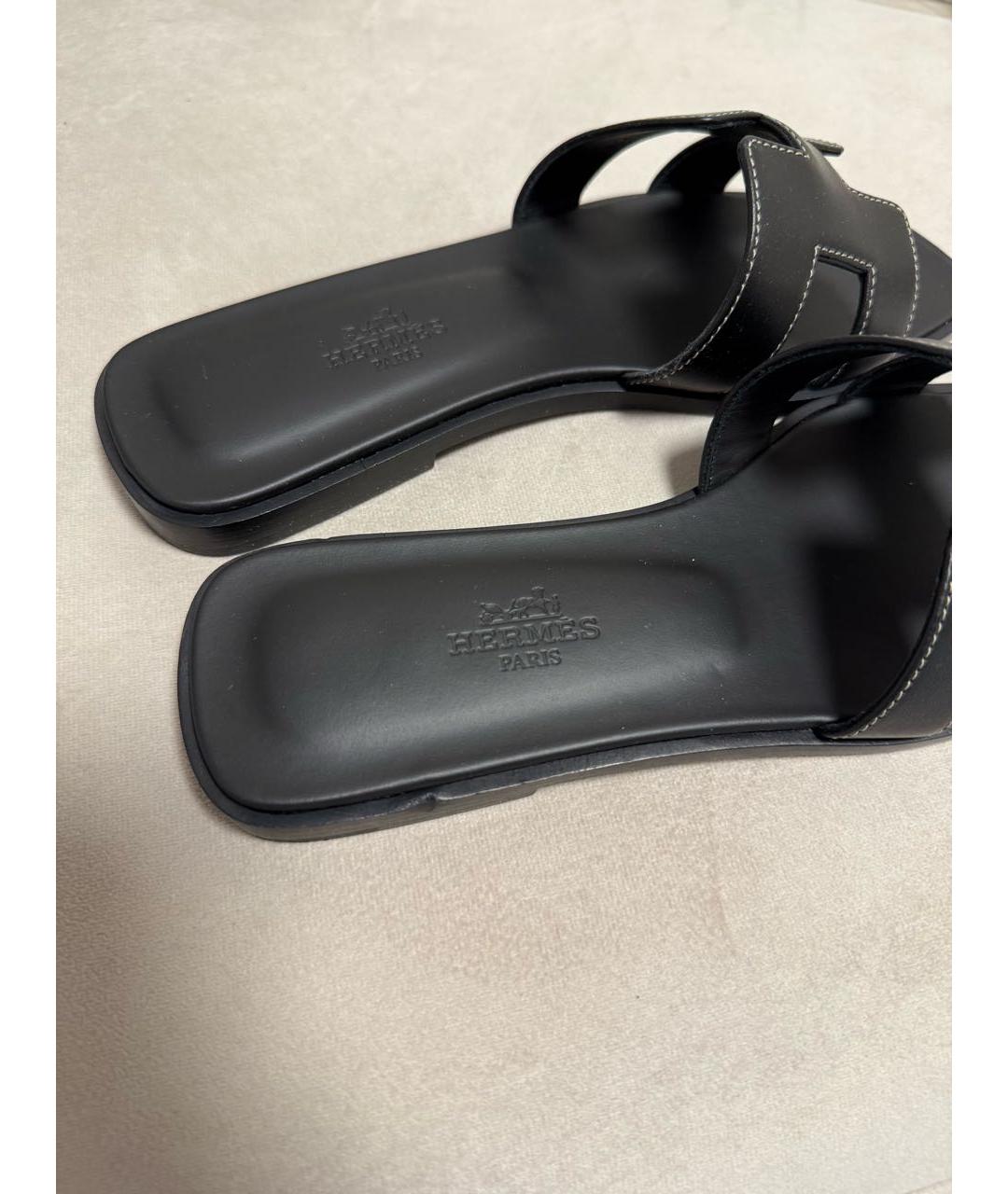 HERMES Черные кожаные шлепанцы, фото 5