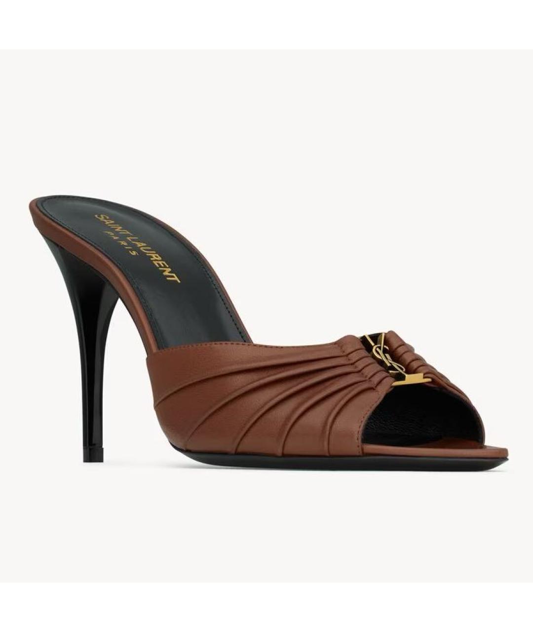 SAINT LAURENT Коричневые кожаные мюли, фото 2
