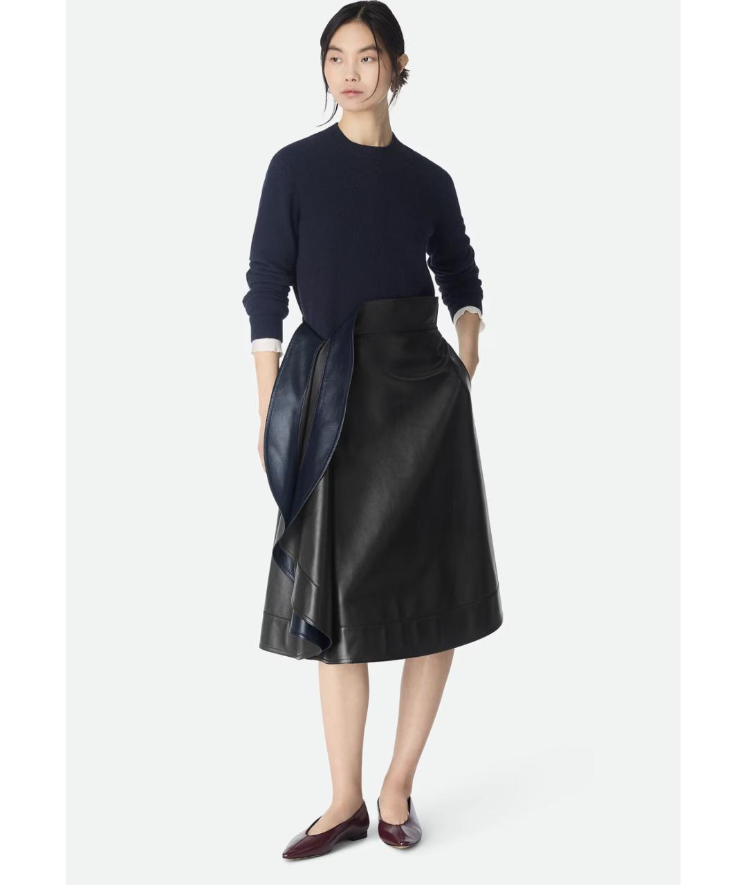 BOTTEGA VENETA Черная кожаная юбка миди, фото 4