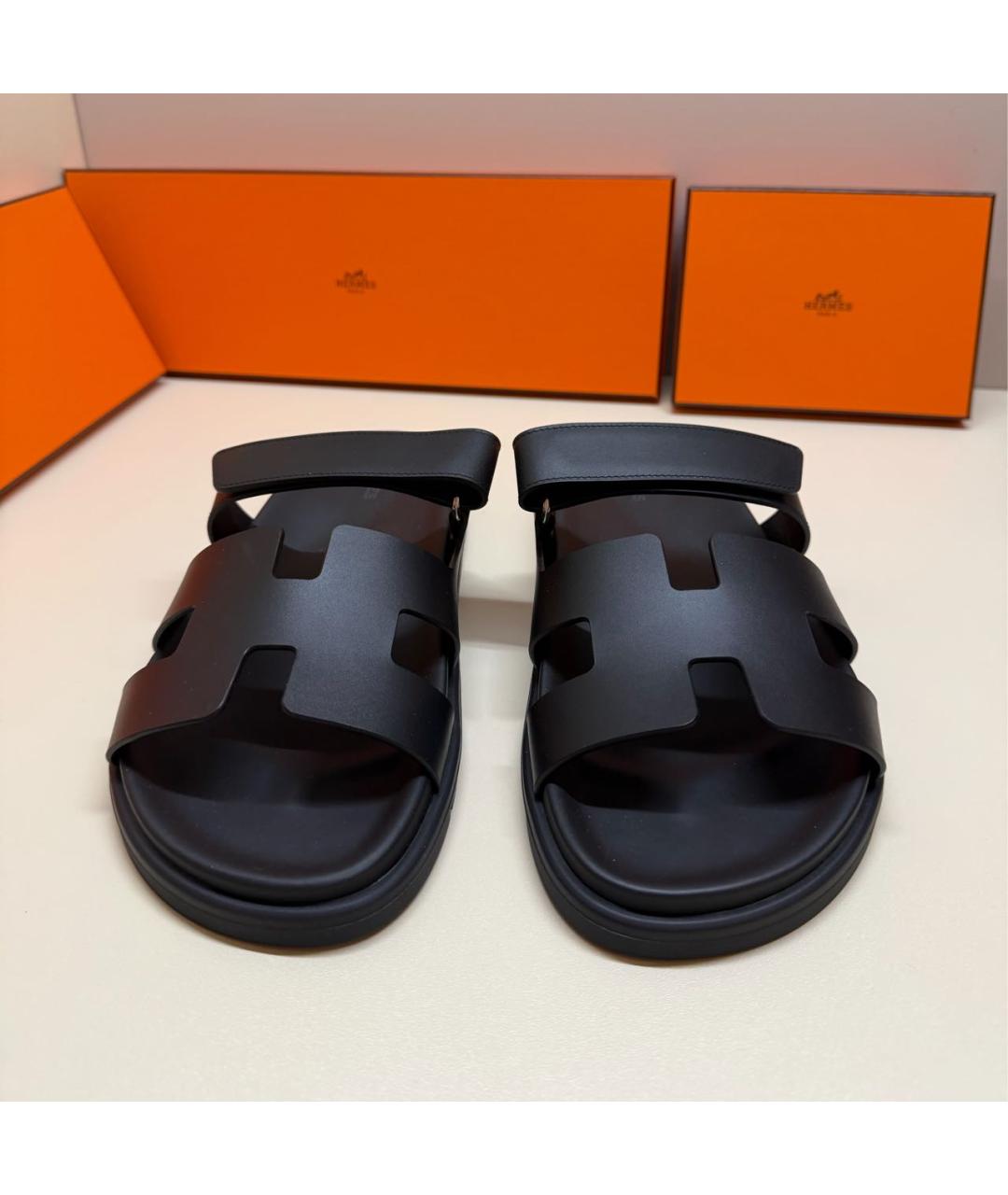 HERMES Черные кожаные шлепанцы, фото 3