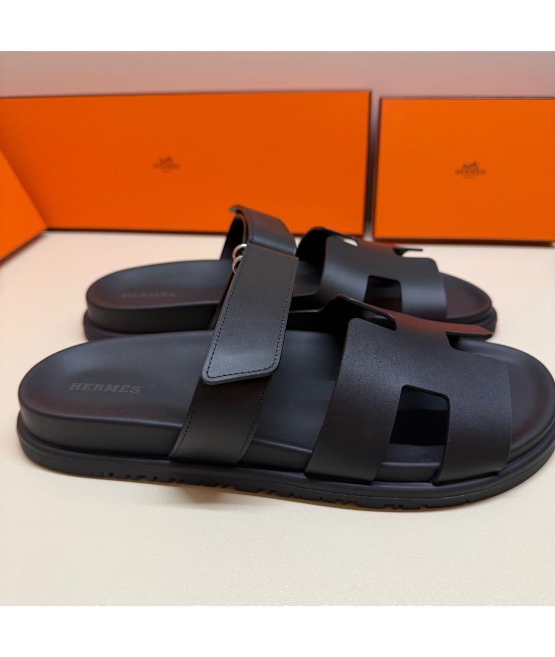 HERMES Черные кожаные шлепанцы, фото 2