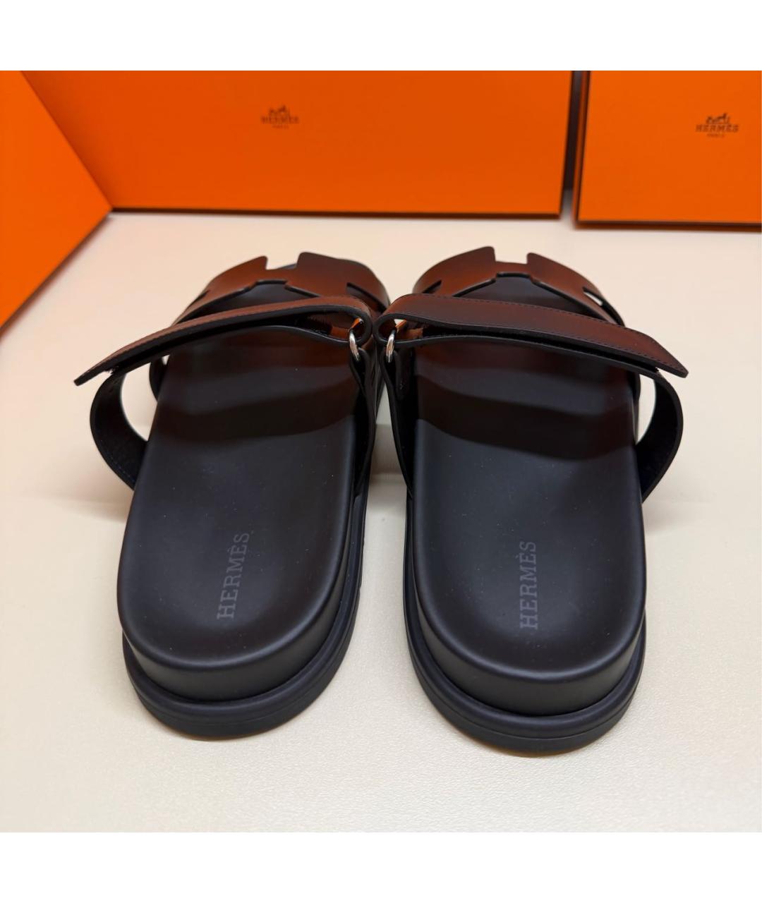 HERMES Черные кожаные шлепанцы, фото 4