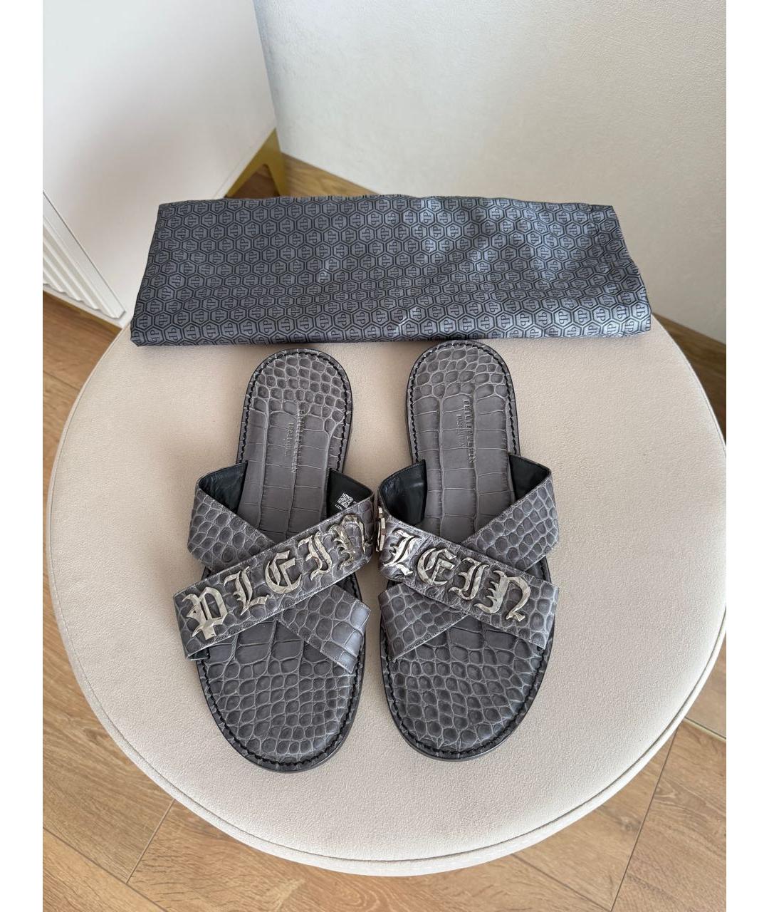 PHILIPP PLEIN Серые шлепанцы из экзотической кожи, фото 3