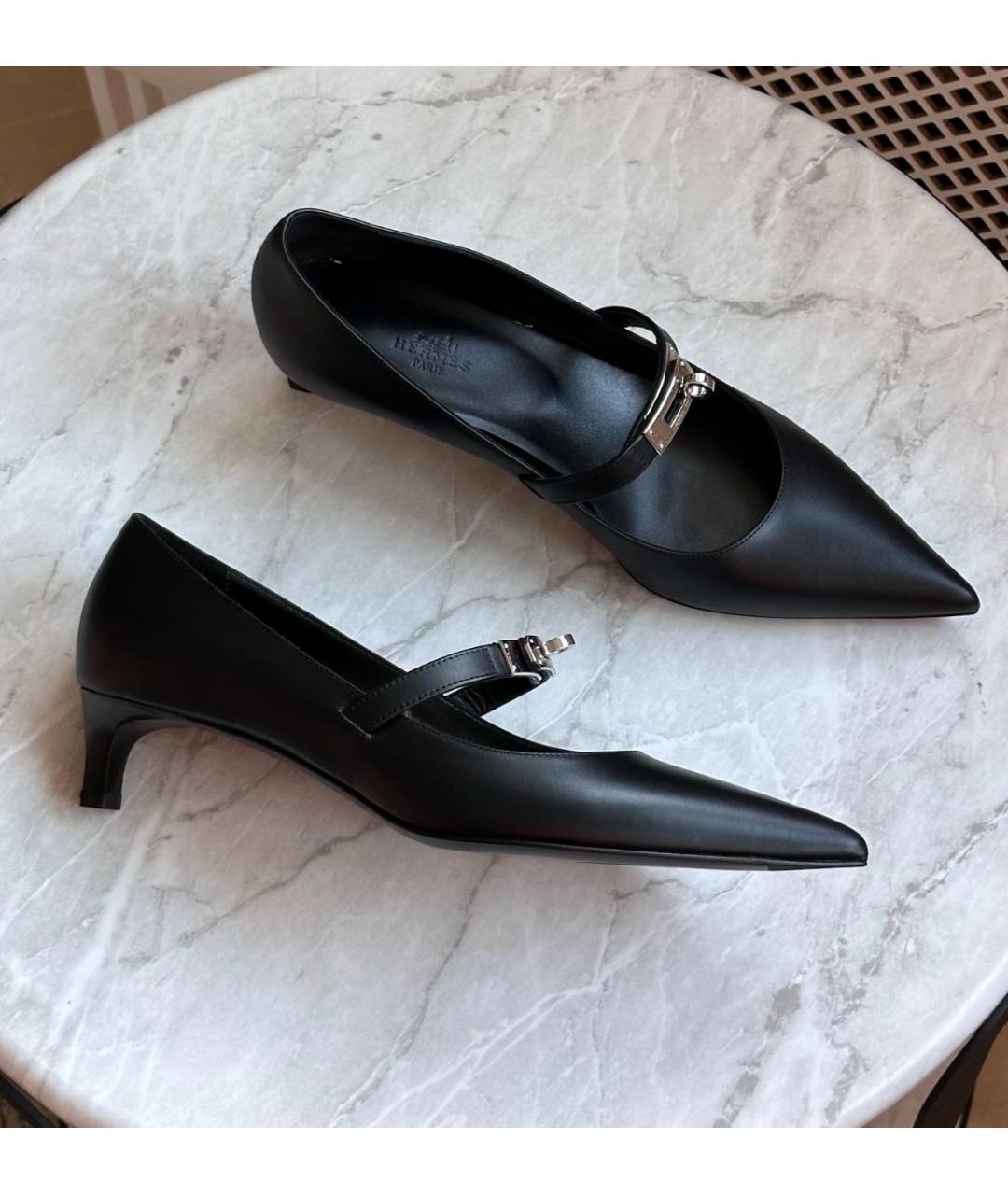HERMES Черные кожаные лодочки на низком каблуке, фото 3