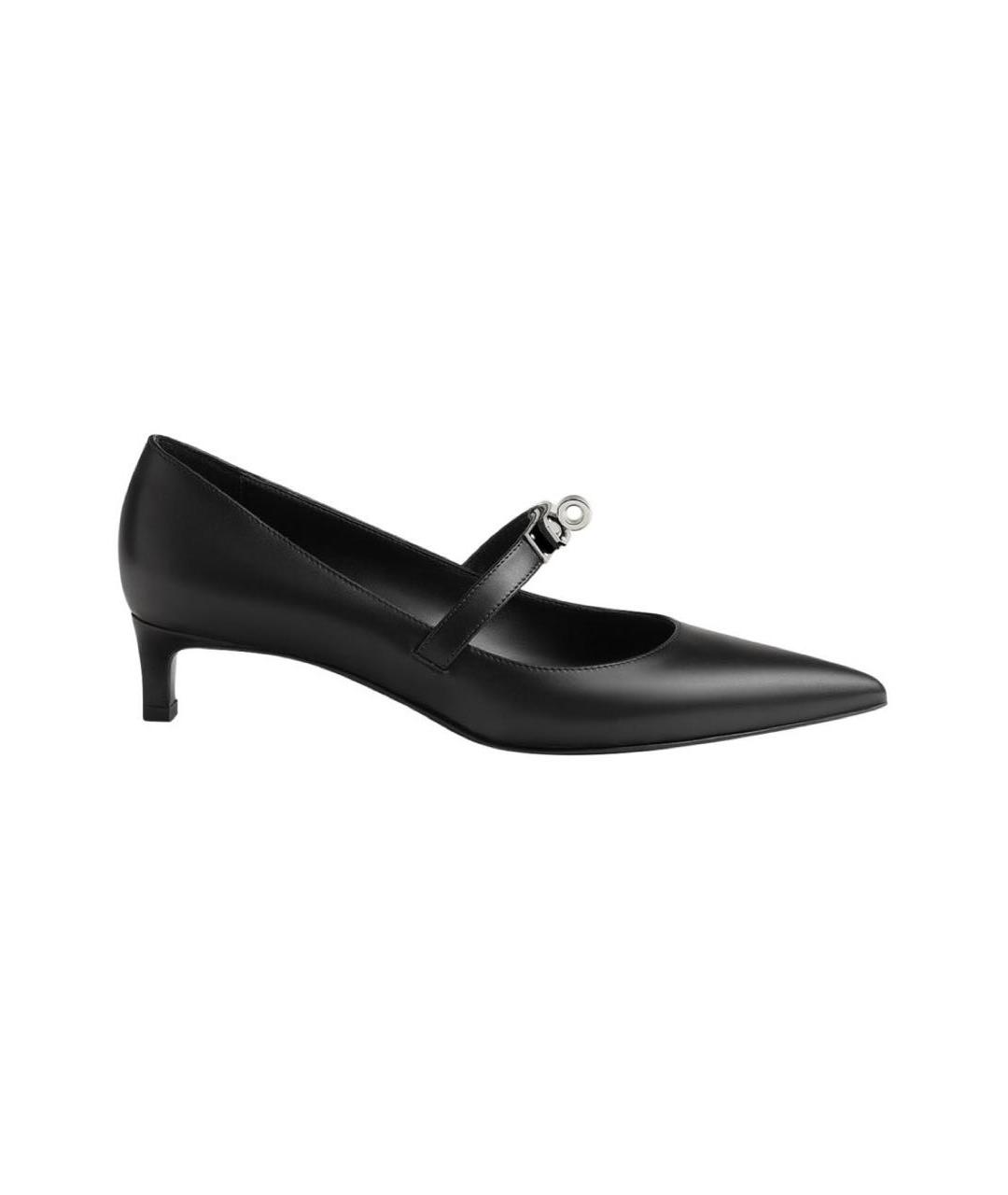 HERMES Черные кожаные лодочки на низком каблуке, фото 1