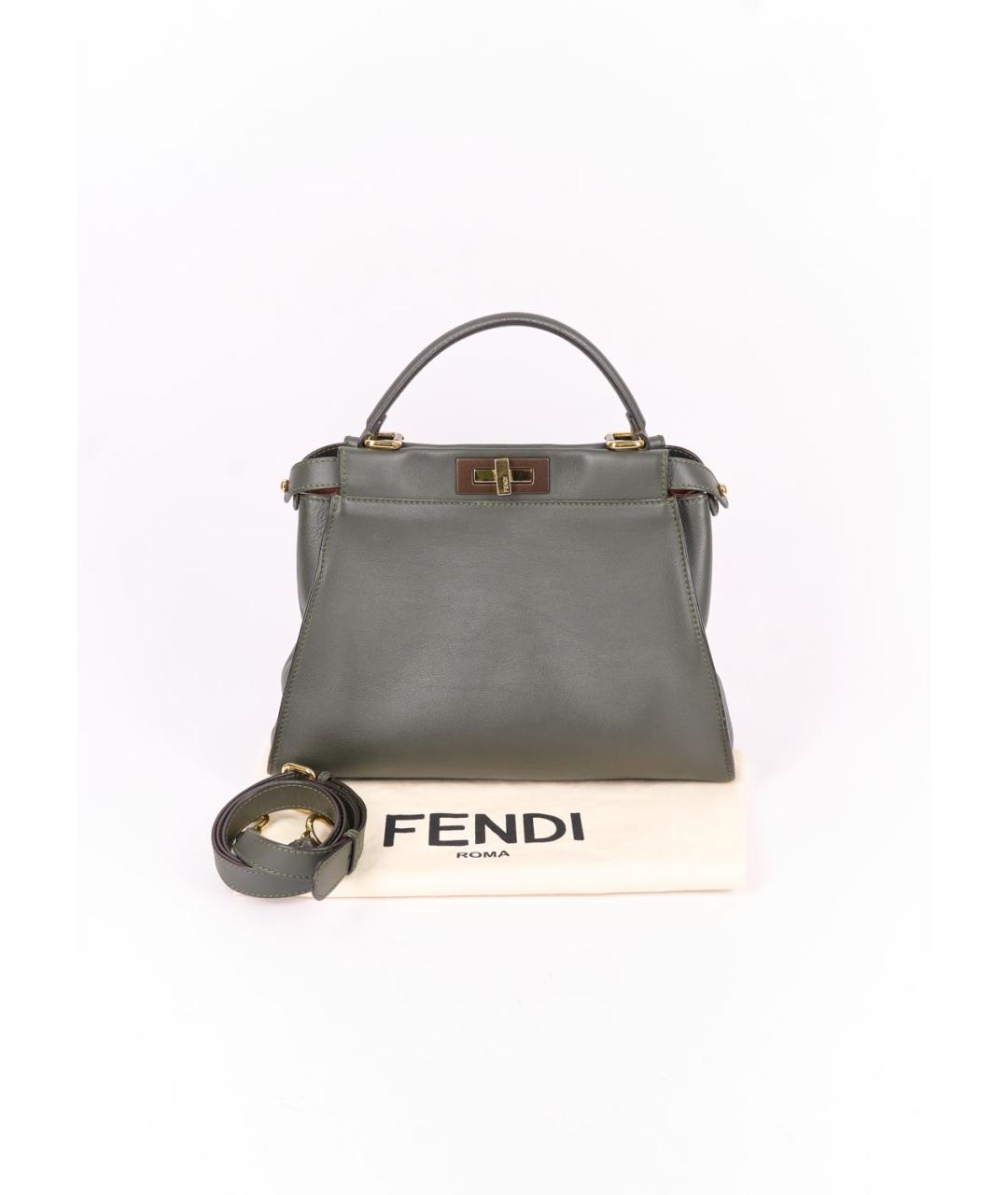 FENDI Хаки кожаная сумка с короткими ручками, фото 8