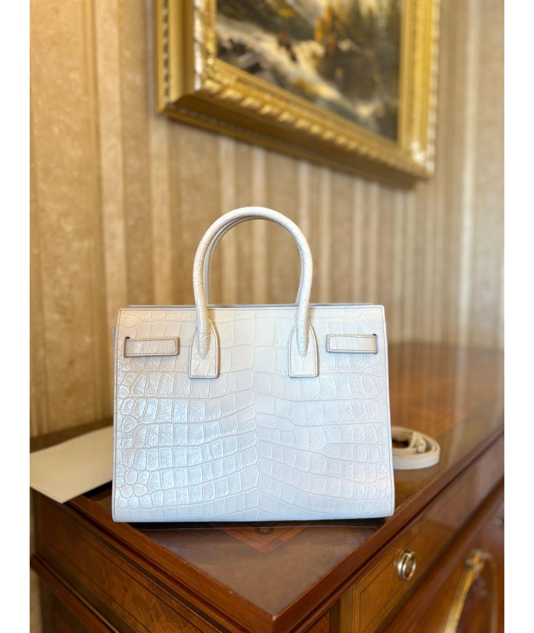 SAINT LAURENT Белая кожаная сумка с короткими ручками, фото 7