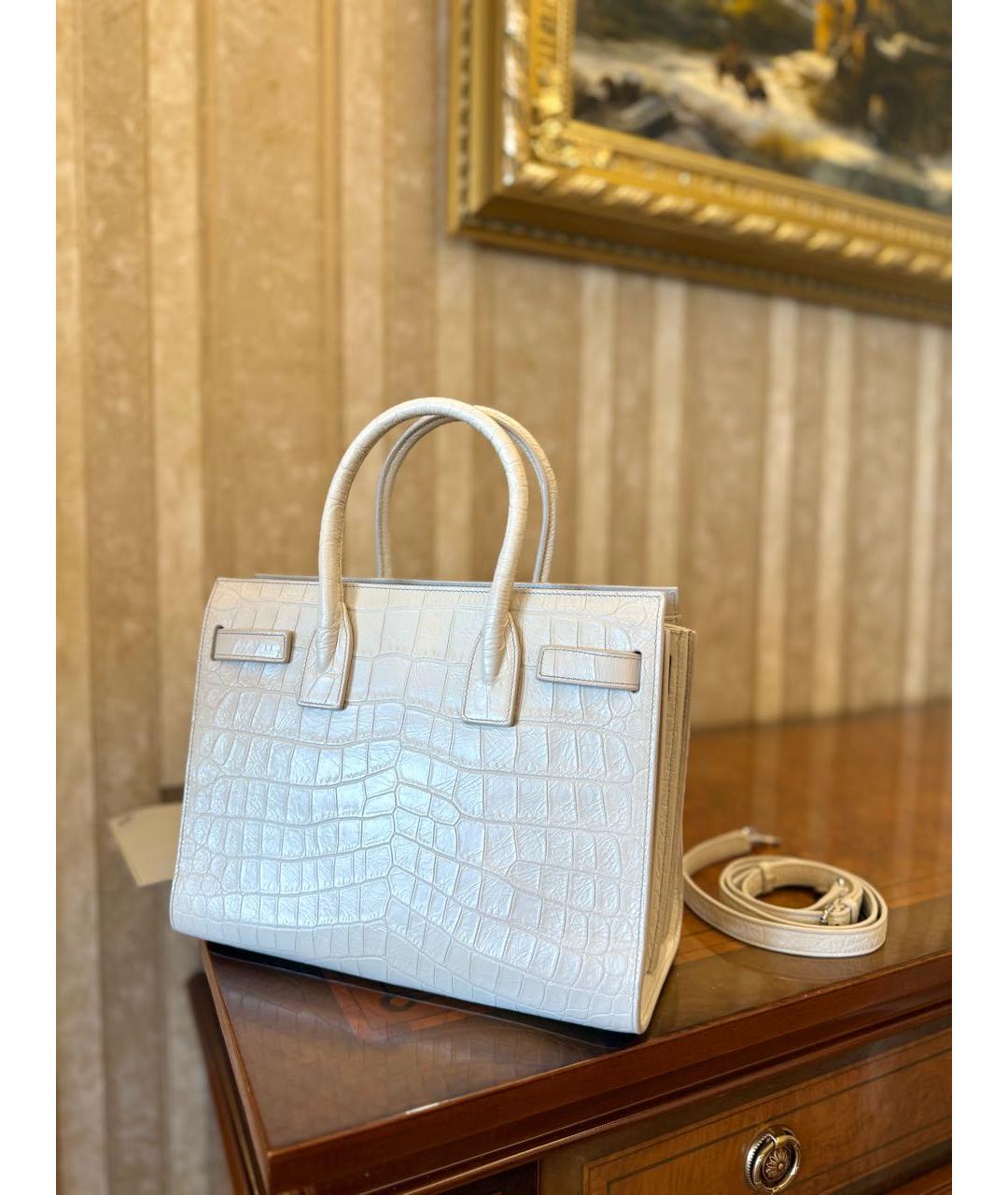 SAINT LAURENT Белая кожаная сумка с короткими ручками, фото 8