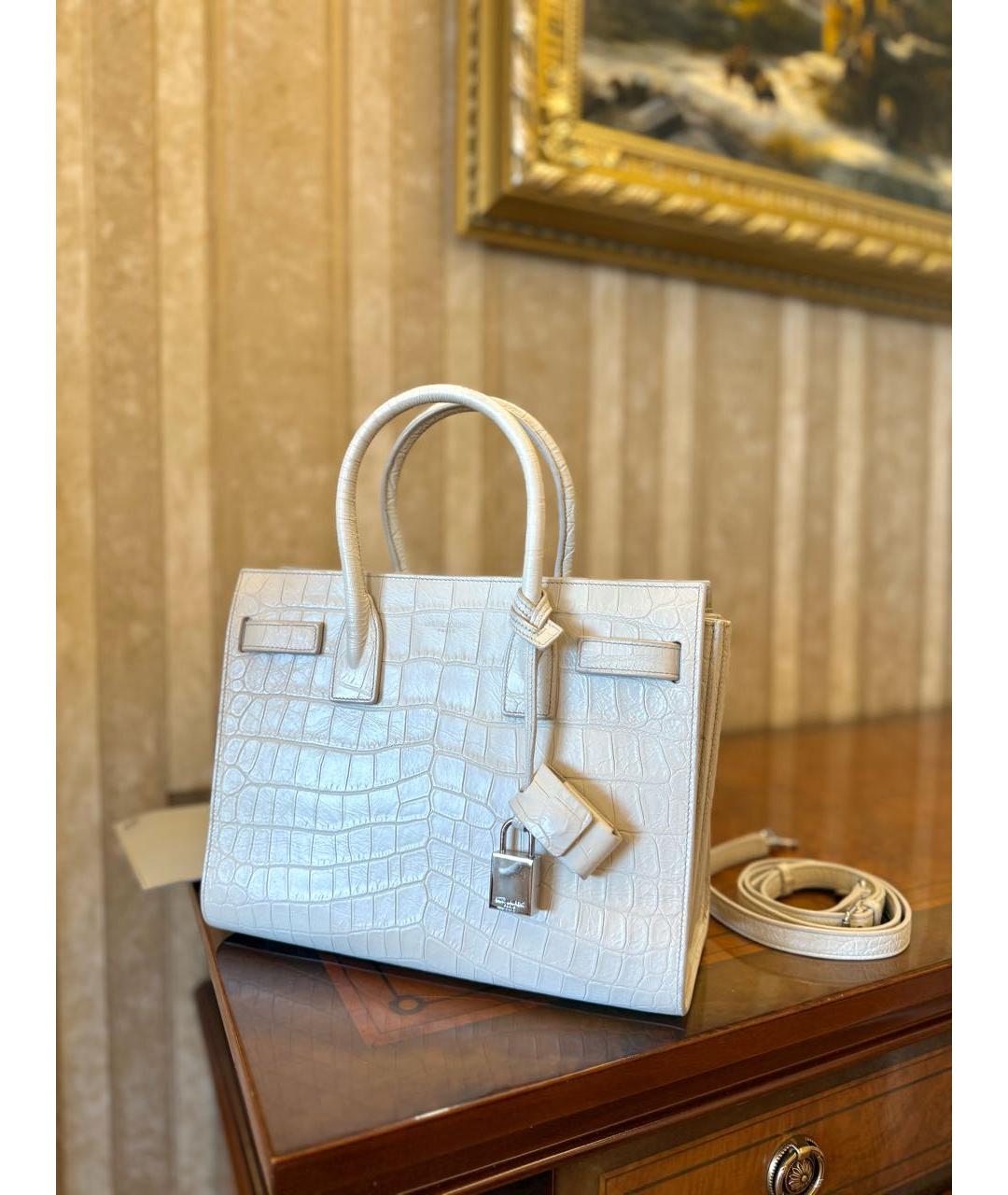 SAINT LAURENT Белая кожаная сумка с короткими ручками, фото 4