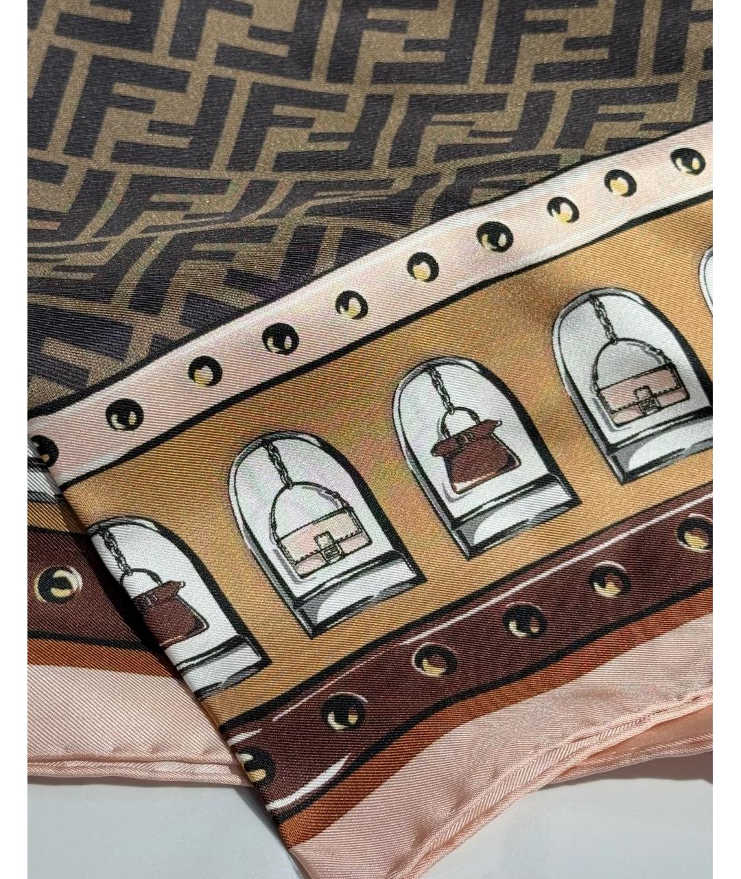 FENDI Коричневый шелковый платок, фото 4