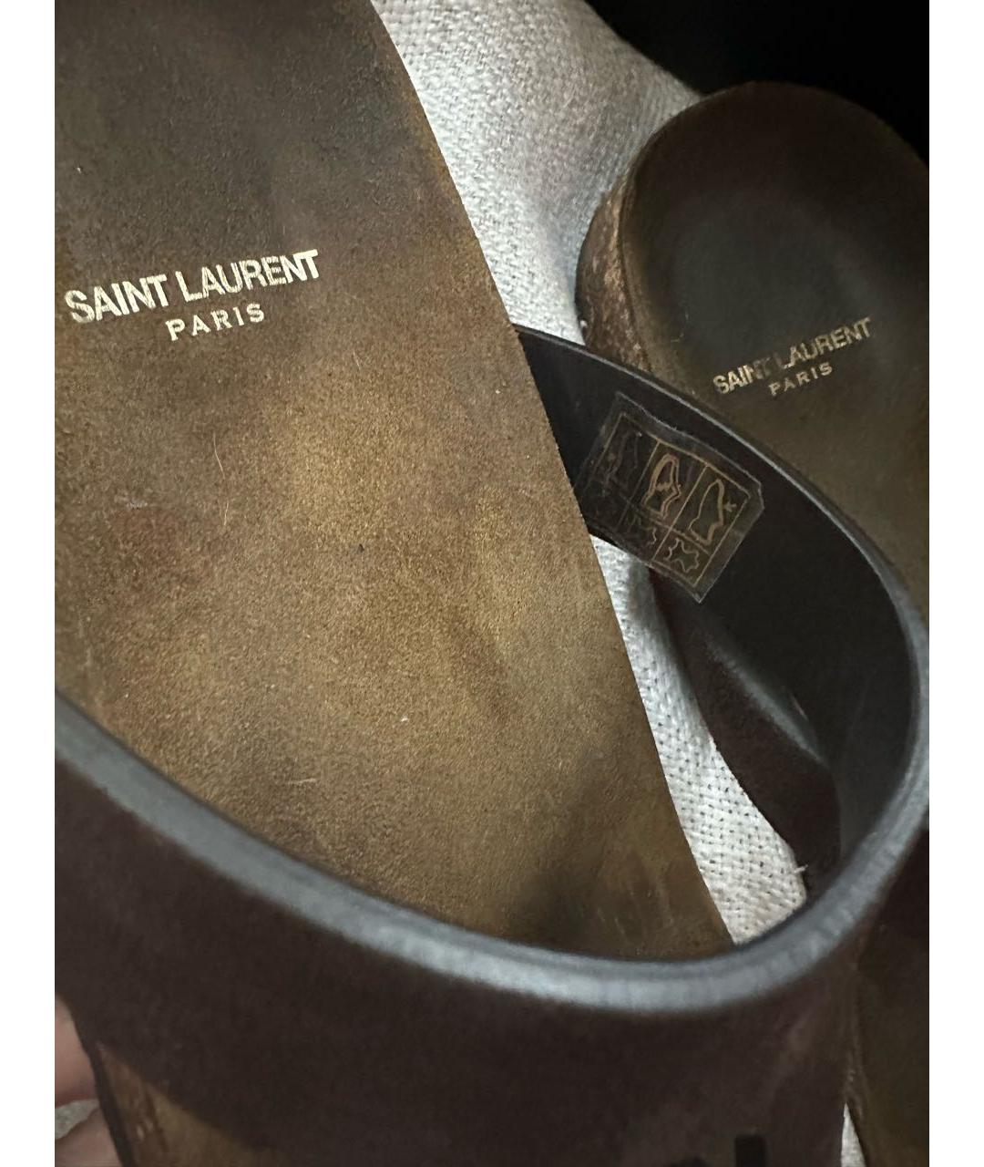 SAINT LAURENT Коричневые нубуковые шлепанцы, фото 7