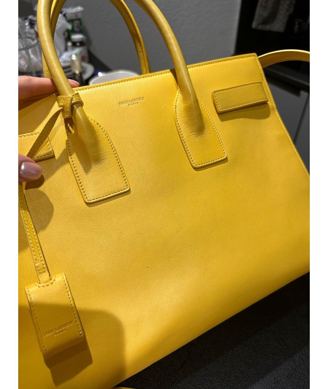SAINT LAURENT Желтая кожаная сумка с короткими ручками, фото 5