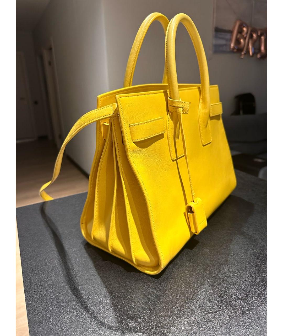 SAINT LAURENT Желтая кожаная сумка с короткими ручками, фото 2