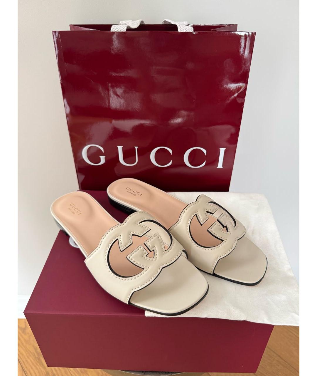 GUCCI Белые кожаные шлепанцы, фото 5