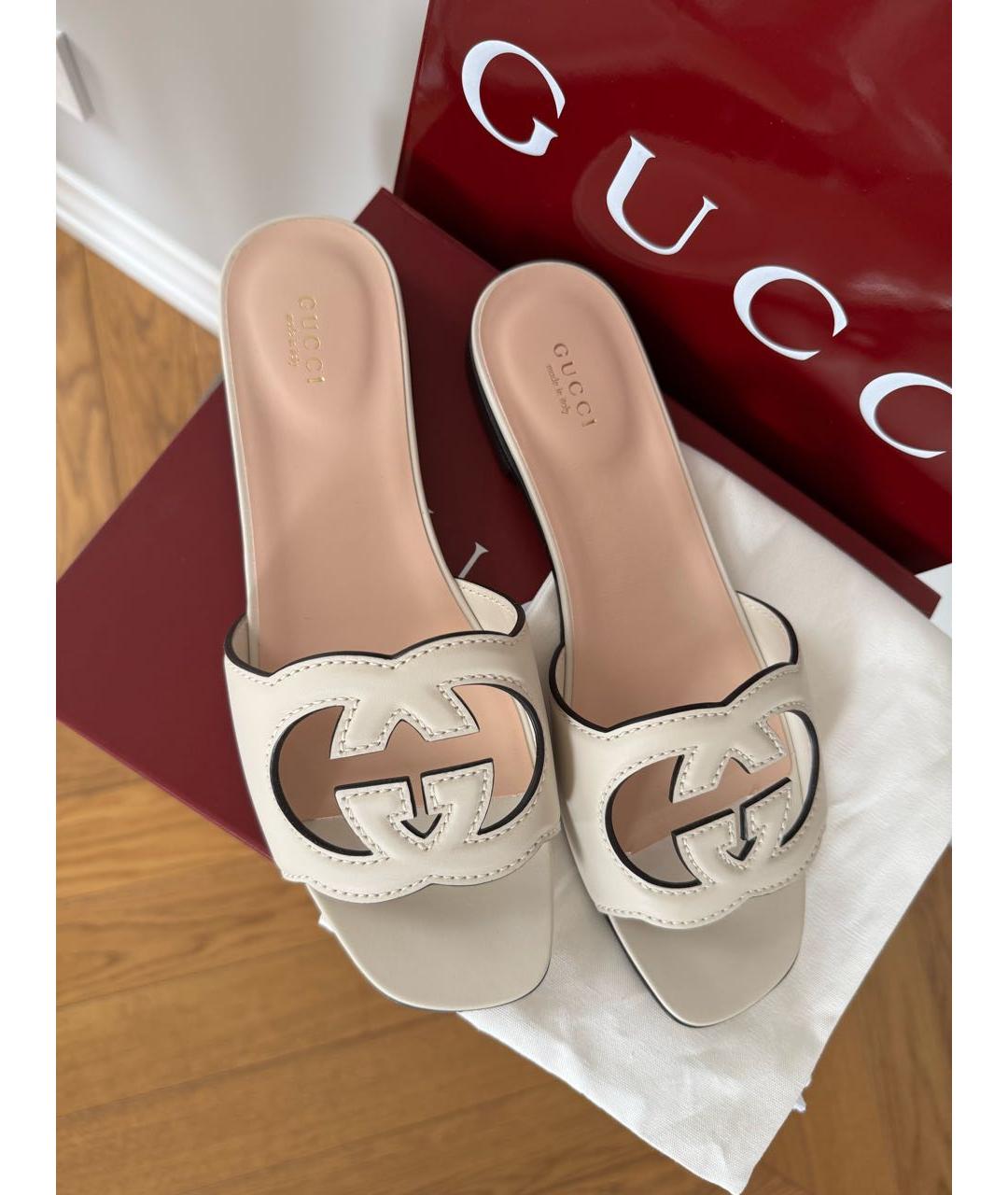 GUCCI Белые кожаные шлепанцы, фото 6