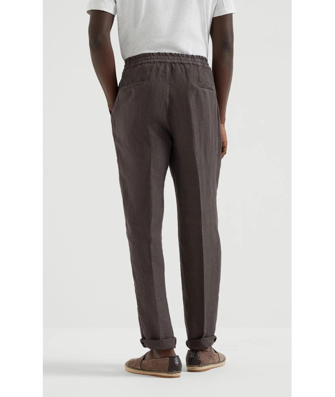 BRUNELLO CUCINELLI Коричневые льняные повседневные брюки, фото 4