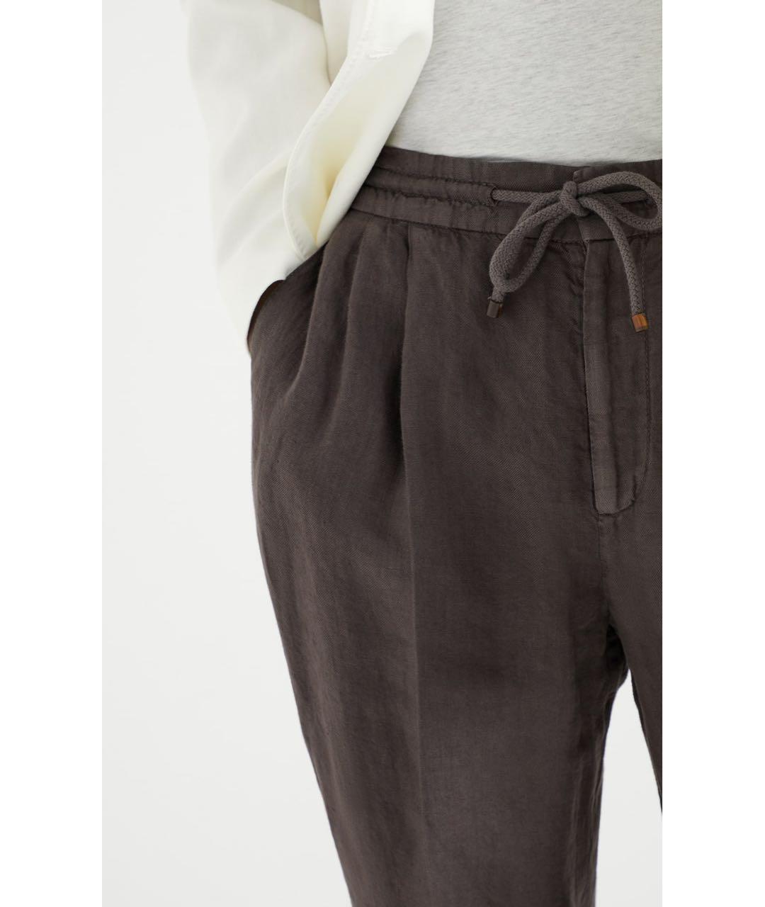 BRUNELLO CUCINELLI Коричневые льняные повседневные брюки, фото 5