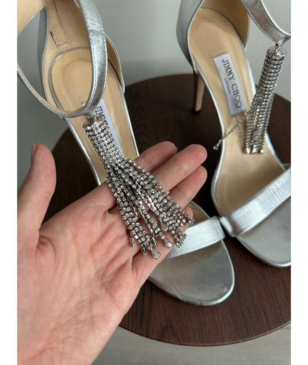 JIMMY CHOO Серебряные кожаные босоножки, фото 6