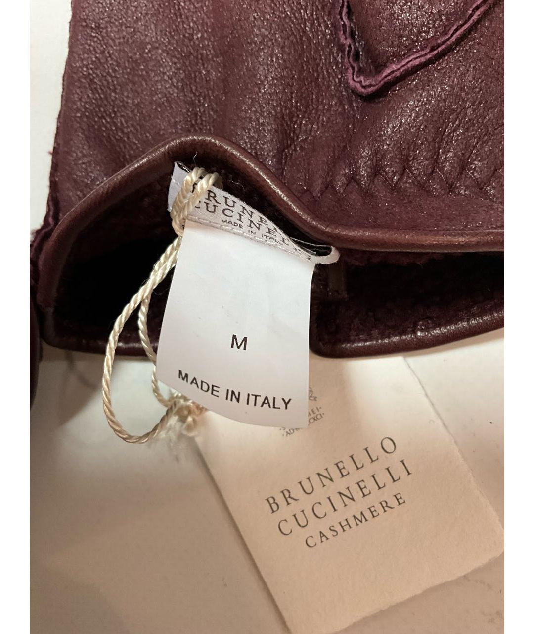 BRUNELLO CUCINELLI Бордовые кожаные перчатки, фото 5