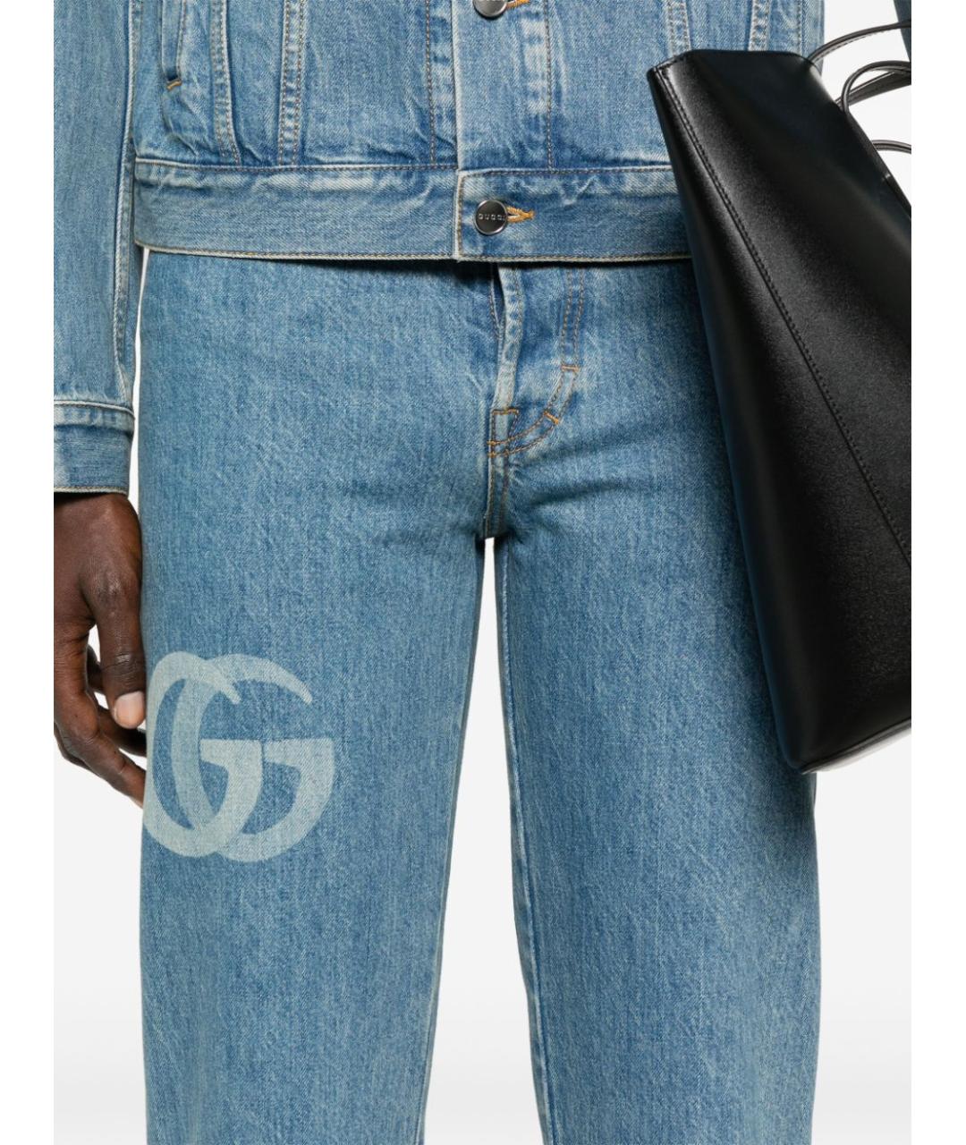 GUCCI Голубые хлопковые прямые джинсы, фото 3