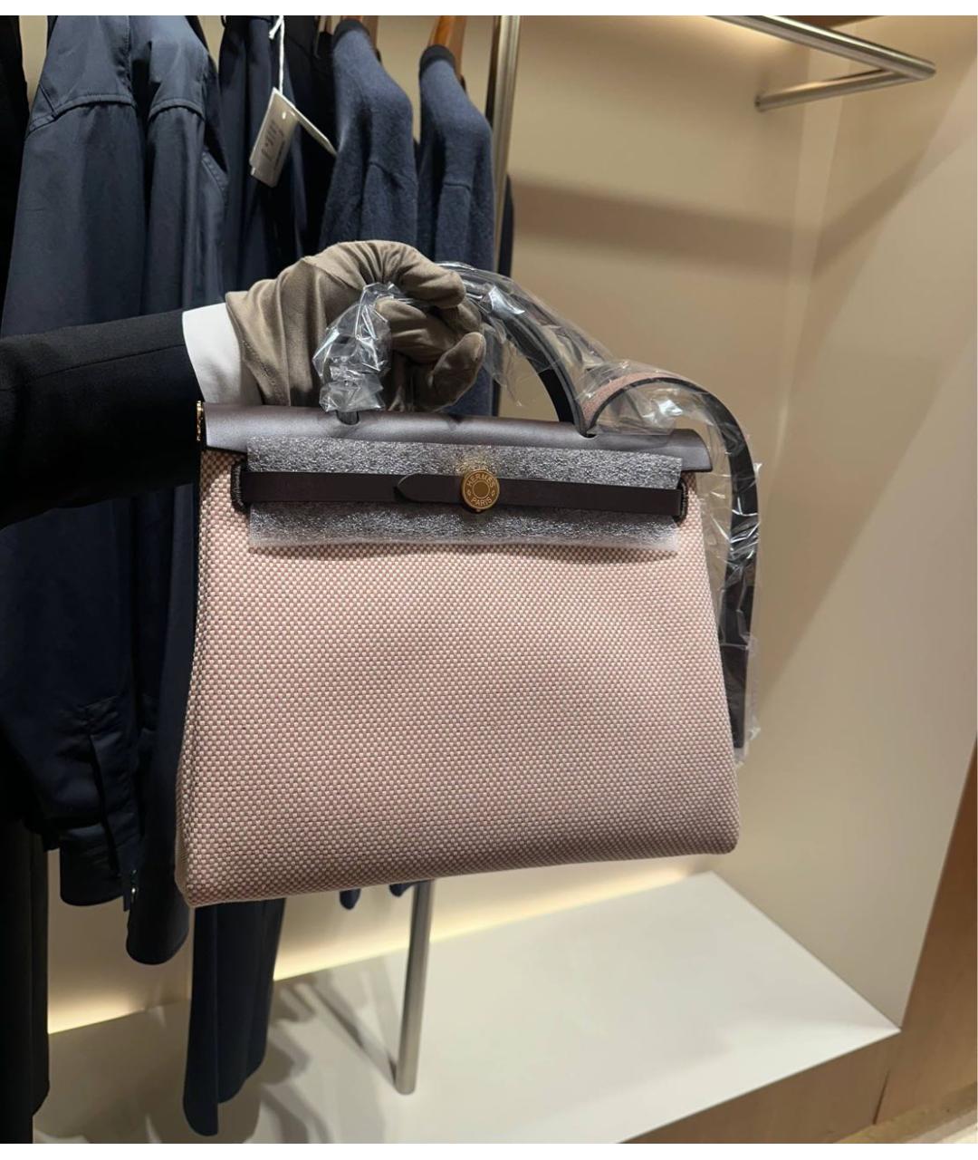 HERMES Бежевая тканевая сумка с короткими ручками, фото 4