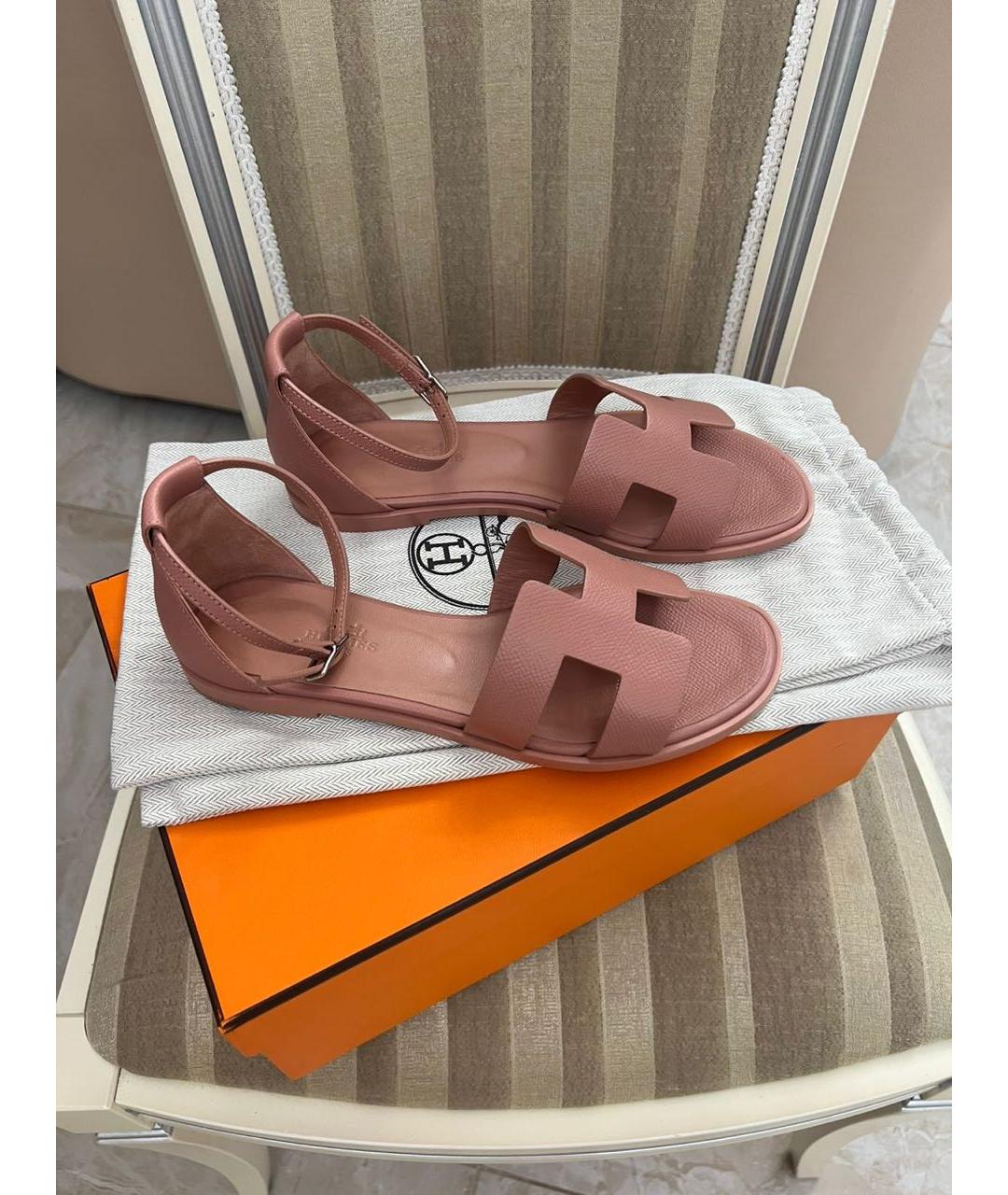 HERMES Розовые кожаные сандалии, фото 7