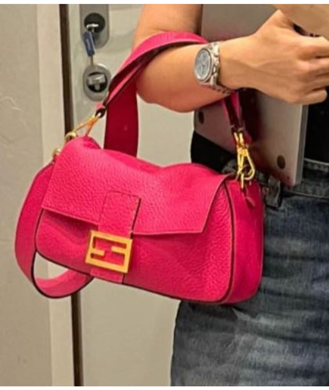 FENDI Фуксия кожаная сумка с короткими ручками, фото 5