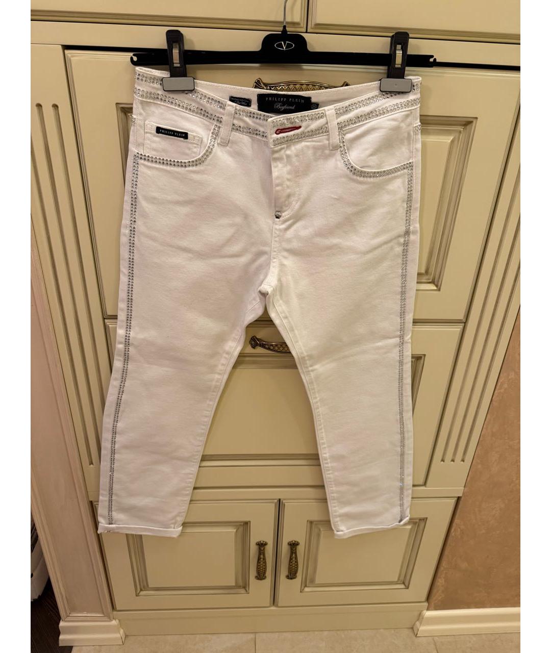 PHILIPP PLEIN Белые хлопко-эластановые прямые джинсы, фото 2