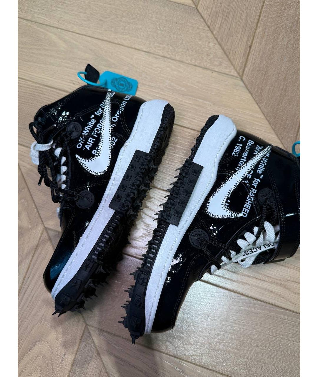 NIKE X OFF-WHITE Черные высокие кроссовки / кеды из лакированной кожи, фото 3