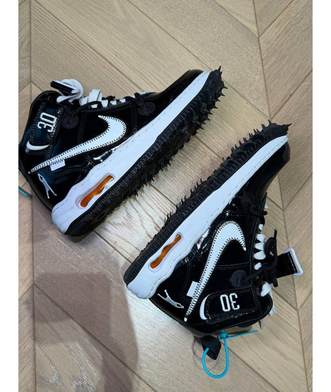 NIKE X OFF-WHITE Черные высокие кроссовки / кеды из лакированной кожи, фото 5