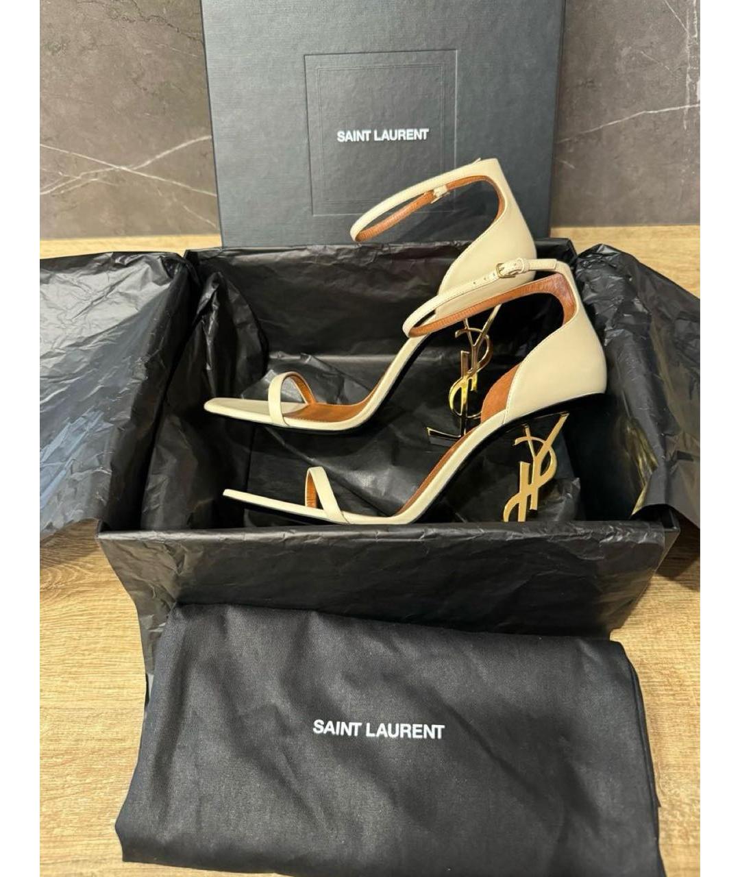 SAINT LAURENT Бежевые кожаные босоножки, фото 5