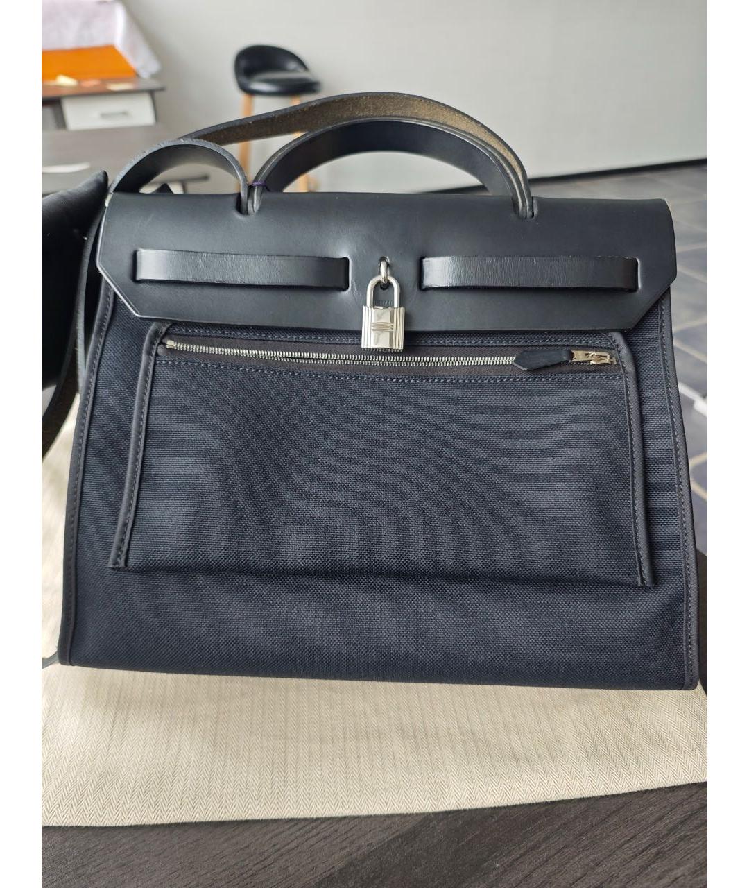 HERMES Темно-синяя кожаная сумка тоут, фото 3