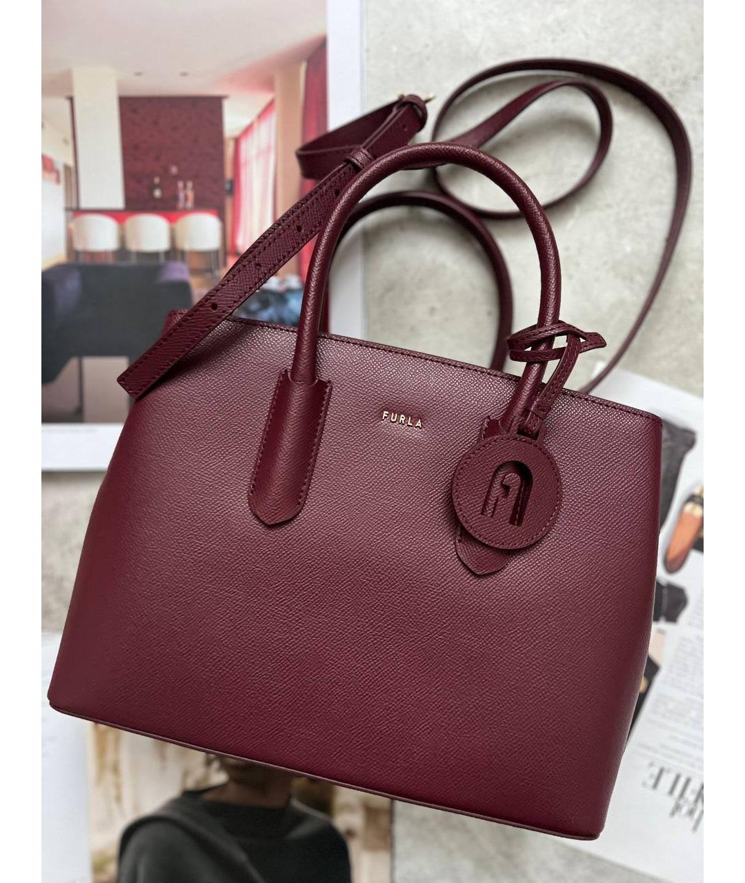 FURLA Бордовая кожаная сумка с короткими ручками, фото 5