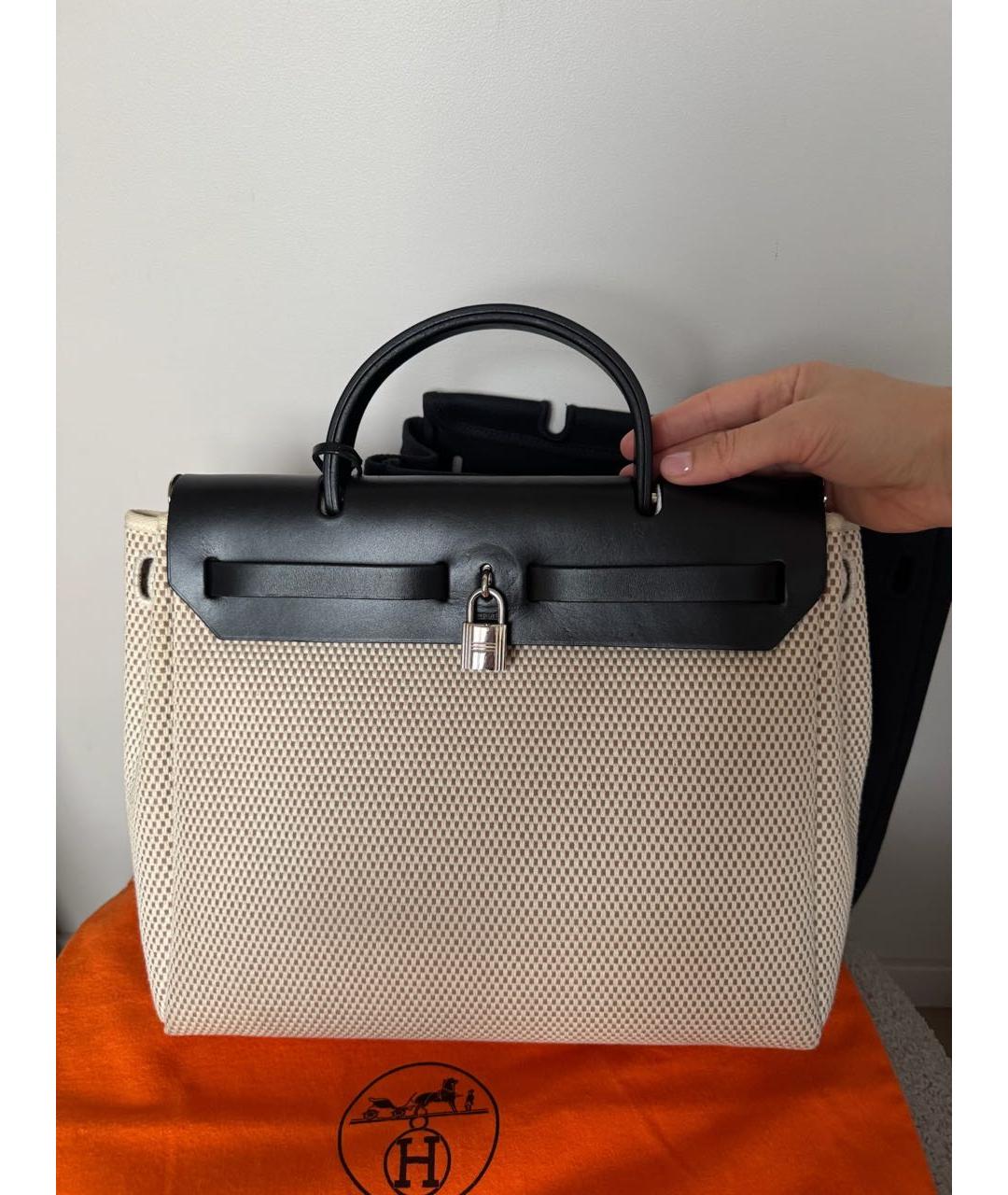 HERMES Бежевая жаккардовая сумка тоут, фото 3