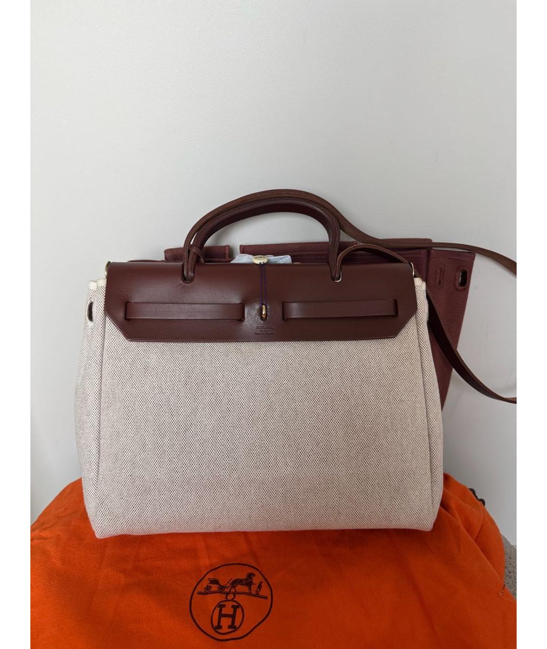 HERMES Бежевая жаккардовая сумка тоут, фото 3
