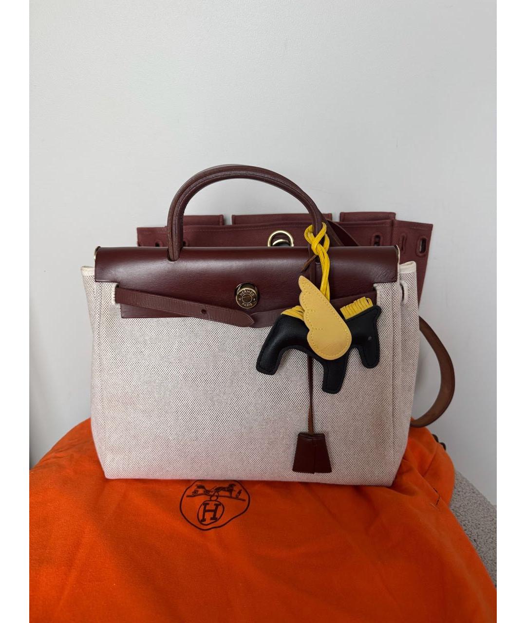 HERMES Бежевая жаккардовая сумка тоут, фото 2