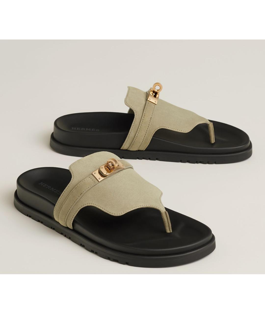 HERMES Серые замшевые шлепанцы, фото 3