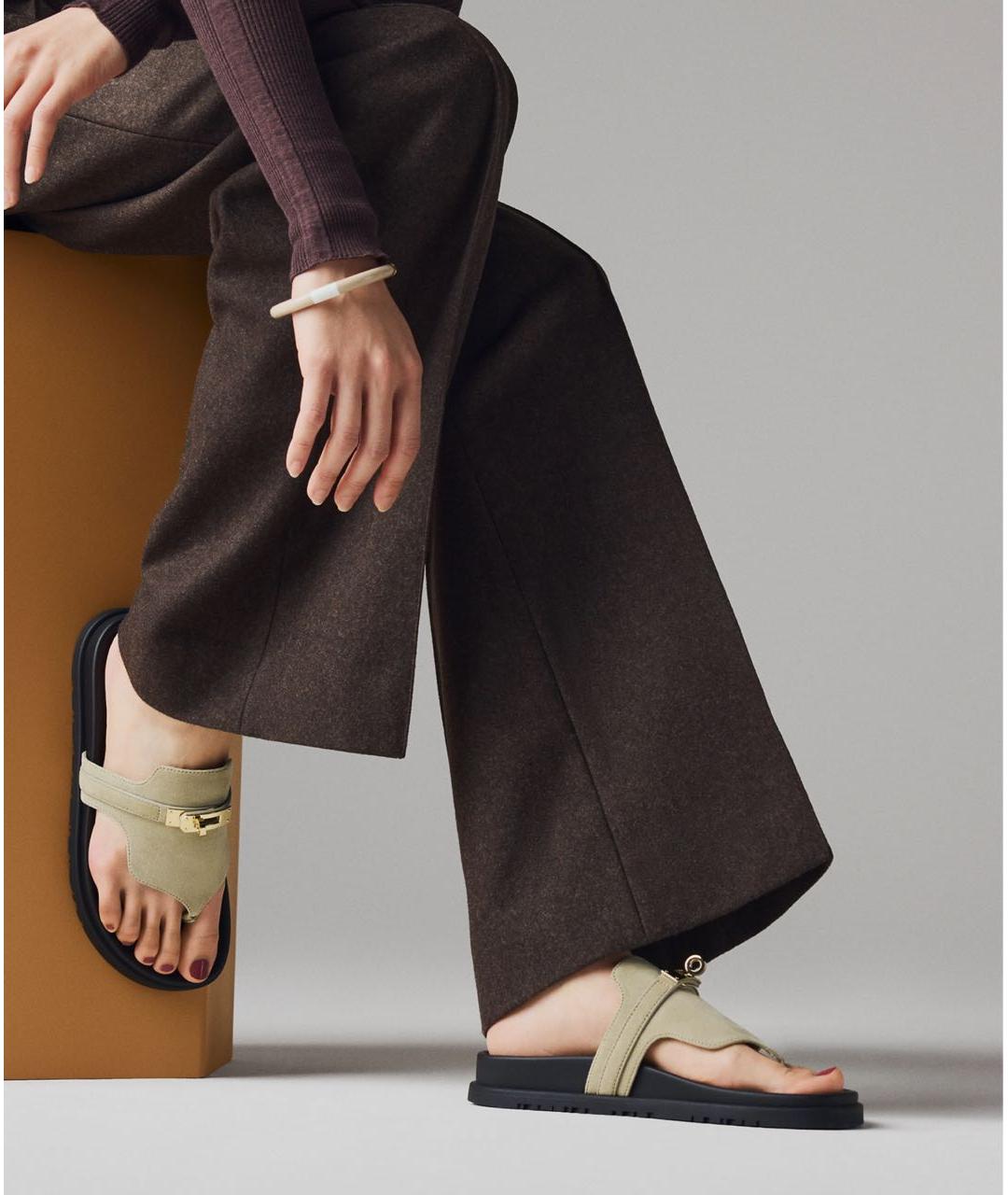 HERMES Серые замшевые шлепанцы, фото 5