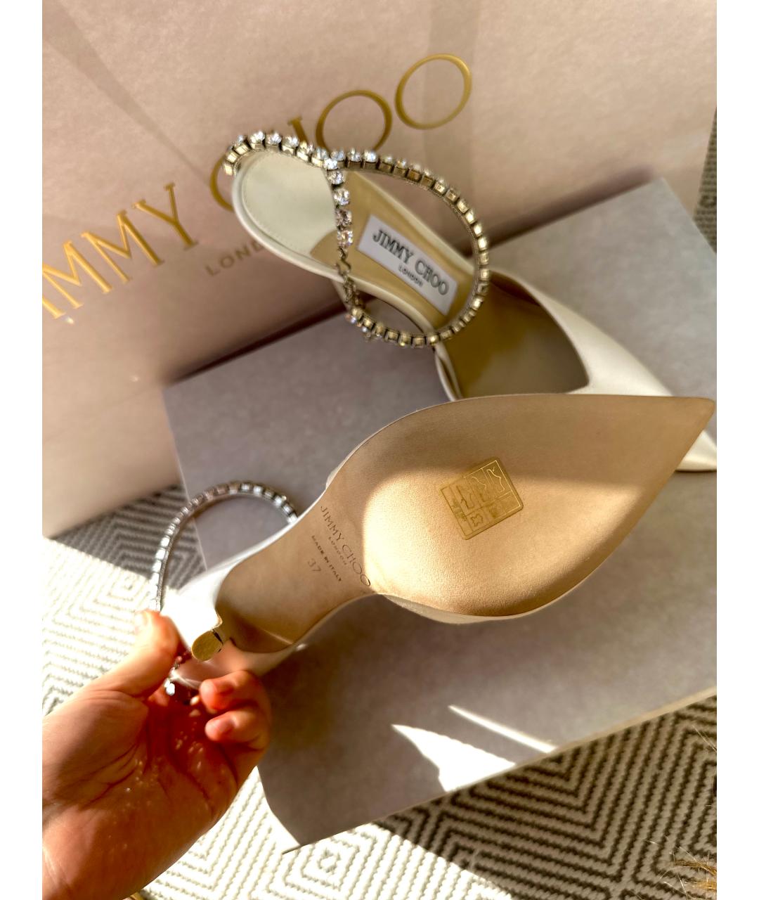 JIMMY CHOO Белые текстильные свадебные туфли на высоком каблуке, фото 5