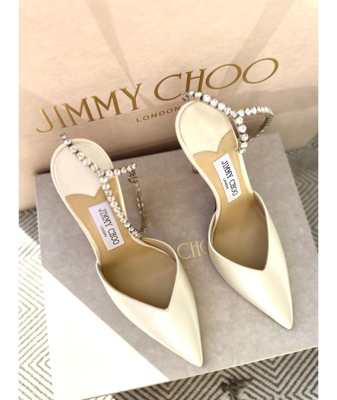 JIMMY CHOO Белые текстильные свадебные туфли на высоком каблуке, фото 2