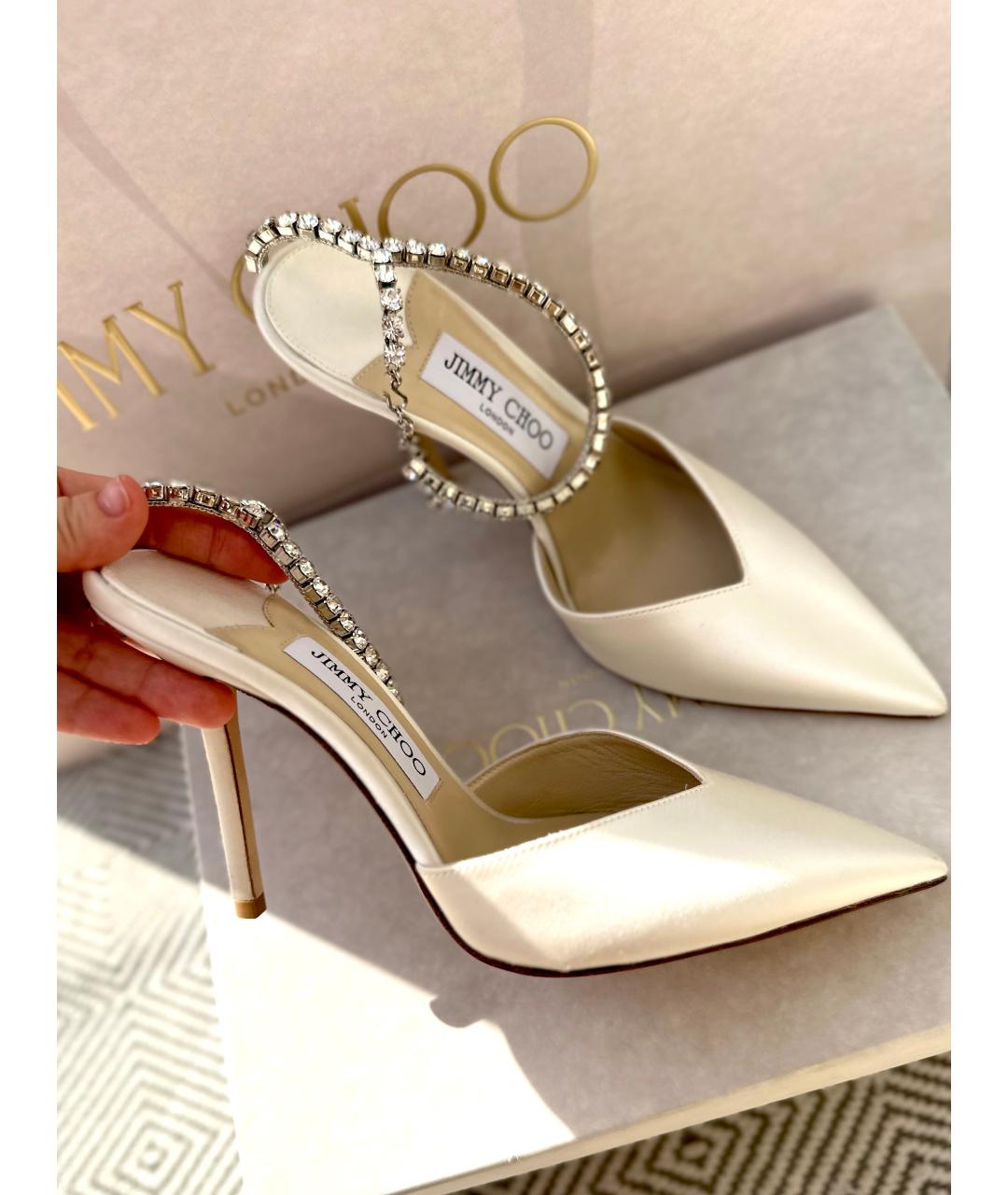 JIMMY CHOO Белые текстильные свадебные туфли на высоком каблуке, фото 10