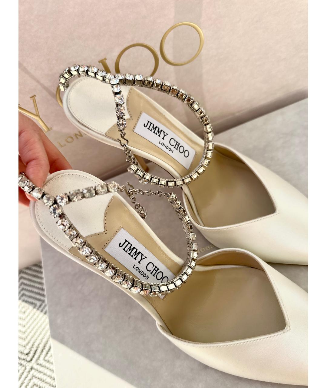 JIMMY CHOO Белые текстильные свадебные туфли на высоком каблуке, фото 4