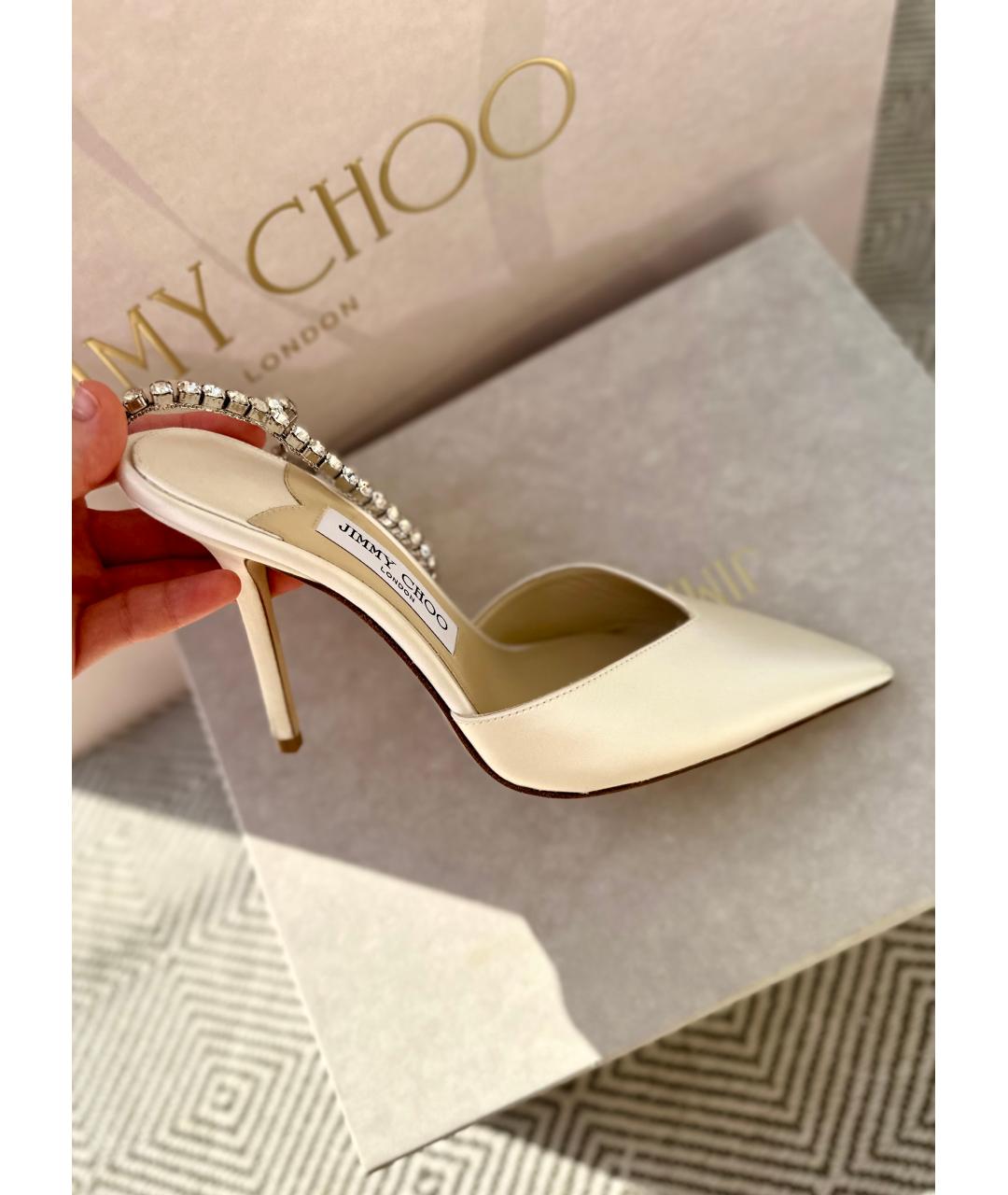 JIMMY CHOO Белые текстильные свадебные туфли на высоком каблуке, фото 3