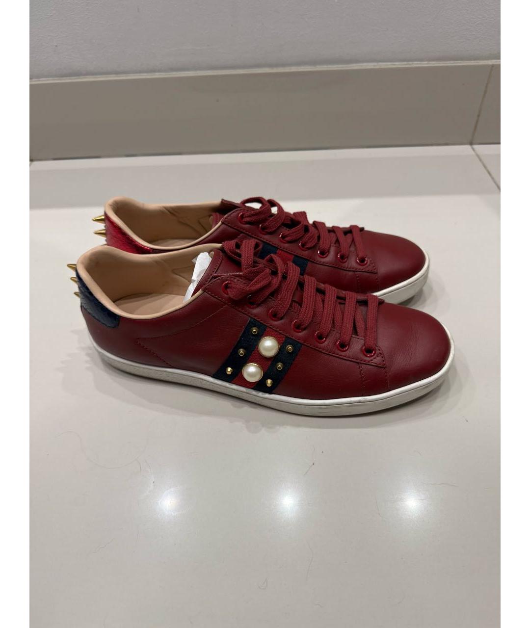 GUCCI Бордовые кожаные кеды, фото 7