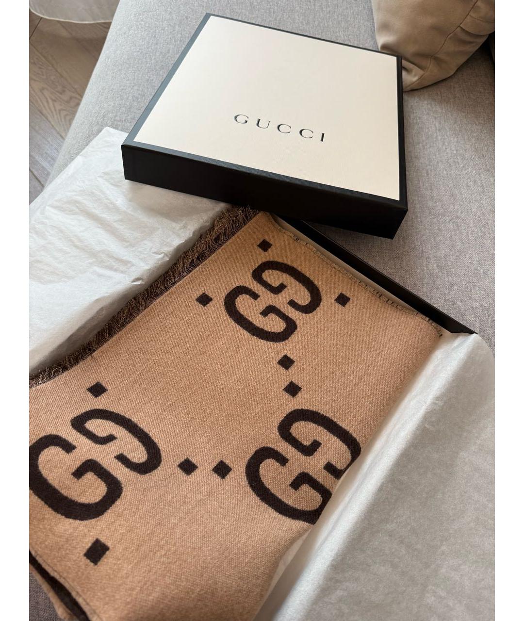 GUCCI Коричневый шерстяной шарф, фото 2