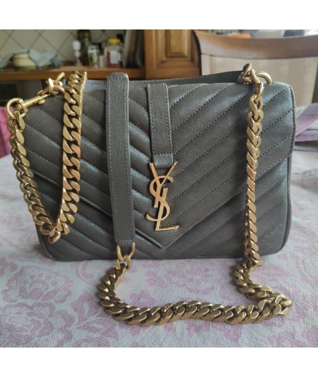 SAINT LAURENT Хаки кожаная сумка с короткими ручками, фото 5