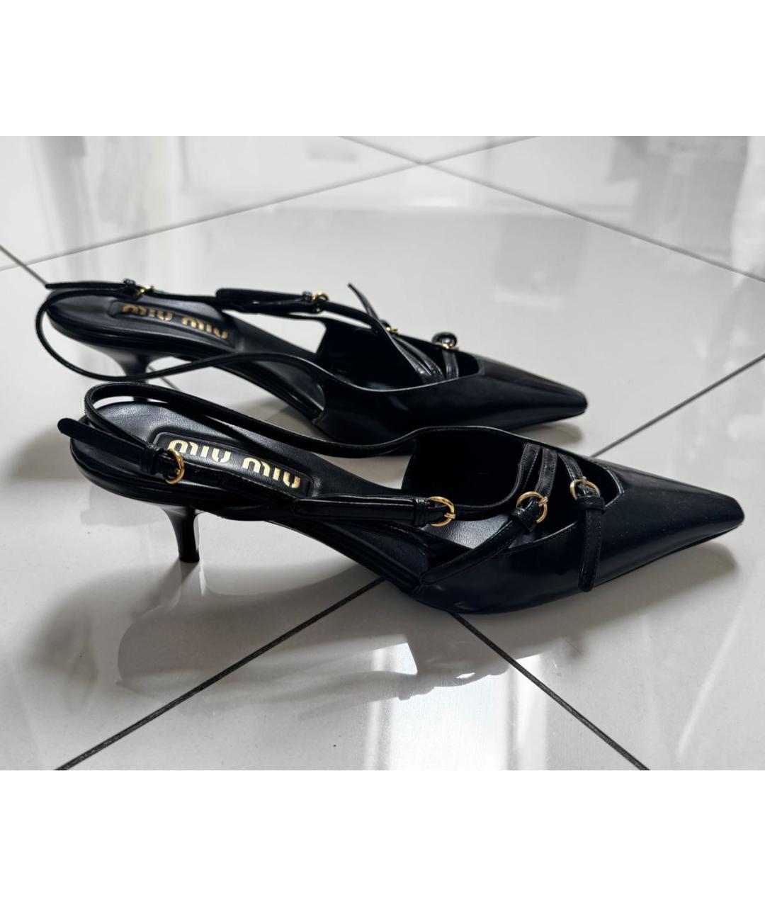 MIU MIU Черные кожаные лодочки на низком каблуке, фото 6
