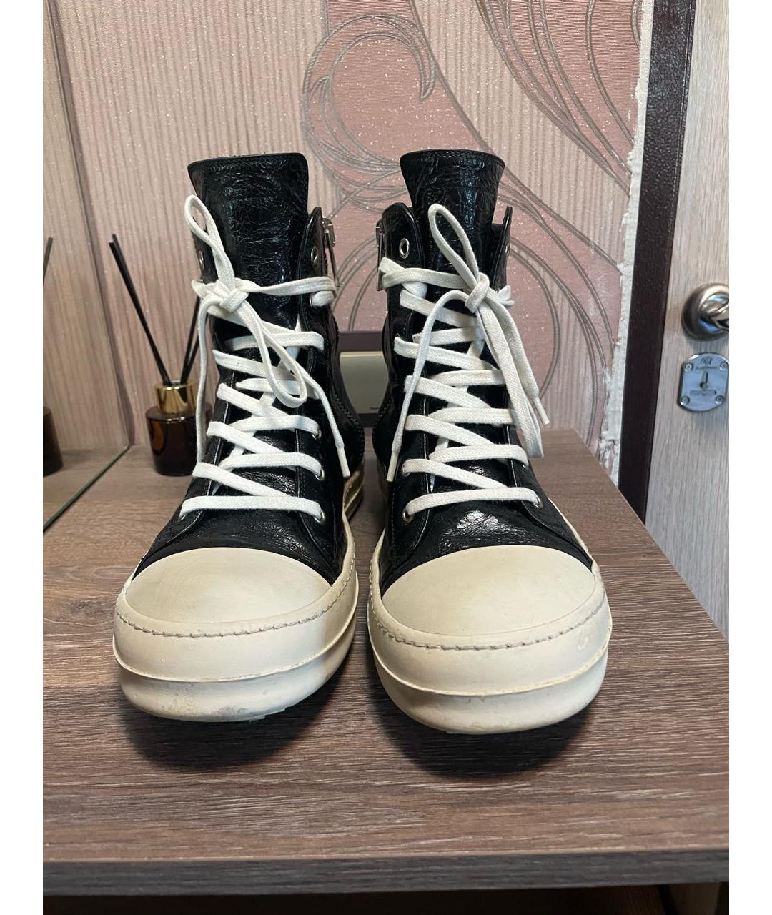 RICK OWENS Черные кожаные высокие кроссовки / кеды, фото 2